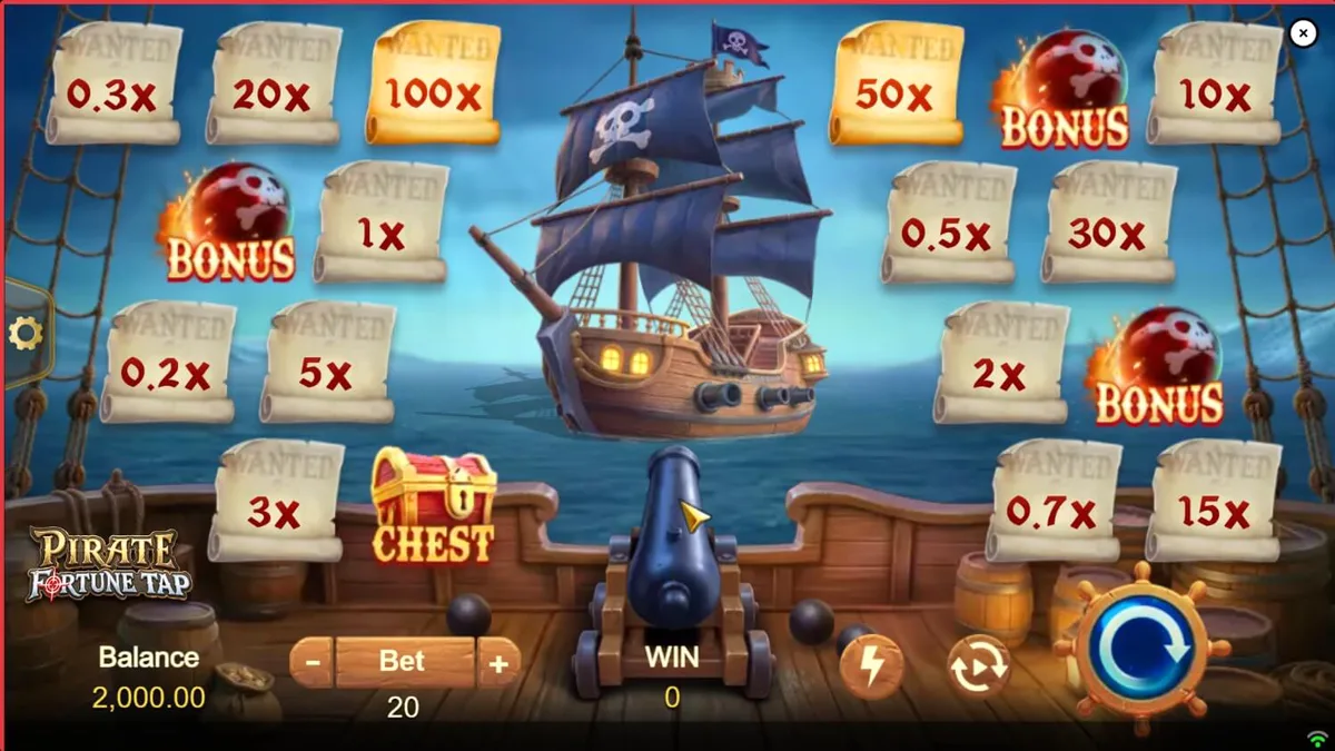 Tampilan layar permainan Pirate Fortune Tap dengan mekanisme menembak meriam