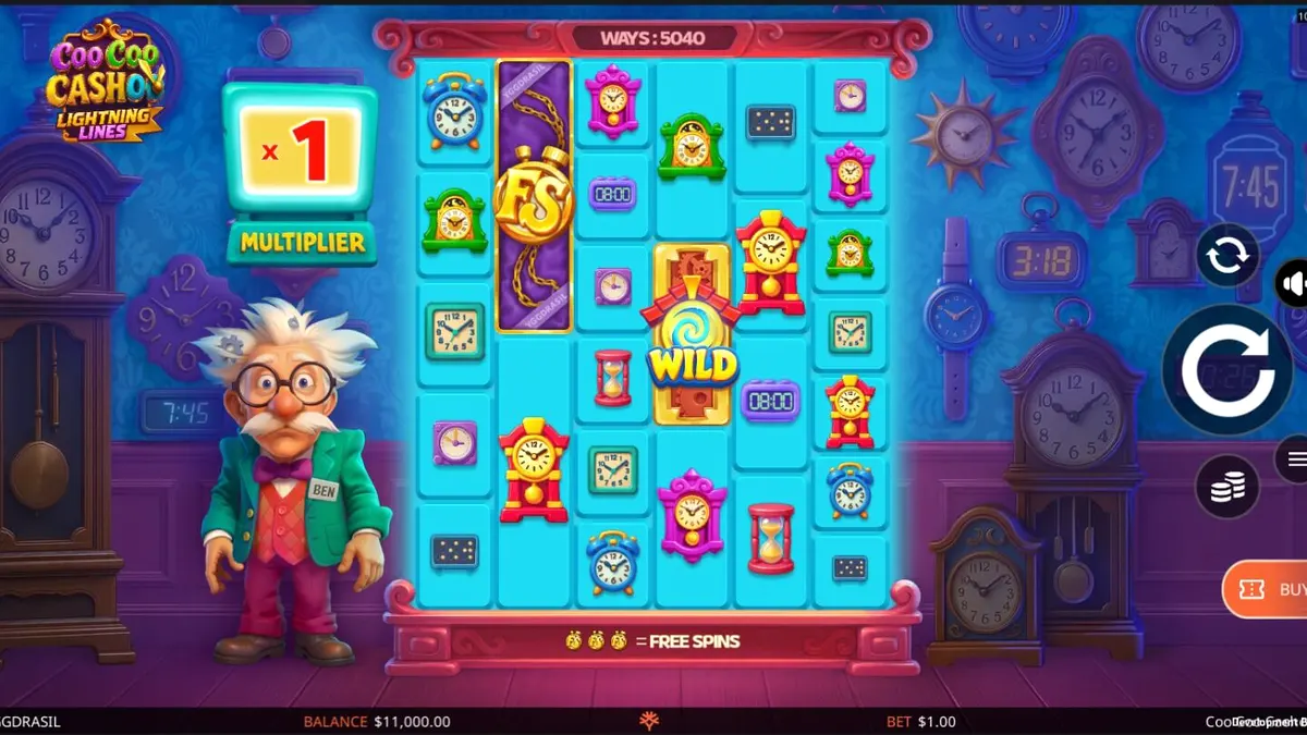 Tampilan antarmuka slot Coo Coo Cashoo di perangkat seluler dengan tema toko jam eksentrik.